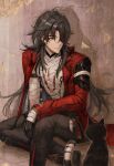  1boy absurdres ahoge bandaged_arm bandaged_chest bandaged_torso bandages black_cat black_hair black_pants blade_(honkai:_star_rail) cat commentary earrings hair_over_one_eye highres honkai:_star_rail honkai_(series) isome jacket jewelry long_hair long_sleeves looking_at_animal male_focus mortenax_blade_(honkai:_star_rail) pants red_jacket 
