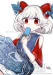  1girl blue_dress commentary detached_sleeves dress earrings eye_print grey_hair highres horn_ornament horn_ribbon horns jewelry looking_at_viewer medium_hair pointy_ears red_eyes red_horns red_sleeves ribbon sheep_horns simple_background solo tama_(hiroshige_36) touhou toutetsu_yuuma twitter_username watermark white_background 