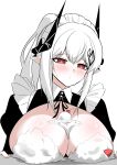  1girl absurdres arknights black_dress blush breasts breasts_out bright_pupils choebal1356201 cleavage demon_girl demon_horns dress enmaided food food_on_body food_on_breasts fruit hair_ornament highres horns huge_breasts maid maid_headdress mudrock_(arknights) pointy_ears red_eyes simple_background solo strawberry sweatdrop upper_body whipped_cream white_background white_hair white_pupils 