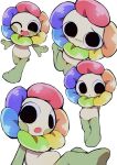  1boy :d :o ;d arms_at_sides black_eyes blue_petals blush blush_stickers bright_pupils closed_mouth commentary_request dandy's_world dandy_(dandy's_world) empty_eyes fang fewer_digits flower from_above from_below full_body green_petals highres k2s2kv looking_at_viewer looking_up male_focus multiple_views no_eyebrows no_nose no_pupils one_eye_closed open_mouth orange_petals petals pout purple_petals rainbow_gradient raised_inner_eyebrows red_petals red_pupils roblox shirt simple_background single_eyebrow sitting sleeveless sleeveless_shirt smile standing standing_on_one_leg tareme wariza white_background yellow_petals yellow_shirt 