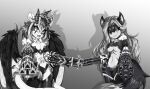  2_tails absurd_res anthro canid canine canis clothing dragonborn_velatis duo feathered_wings feathers female gatling_gun grin gun gun_arm hair hi_res horn jackal legwear lena_the_jackal long_hair machine_gun mammal minigun monochrome multi_tail neck_tuft pointy_ears ranged_weapon richardart13 simple_background smile tail topwear tuft unknown_species velatis_ferio_caedo watermark weapon weapon_arm wings 