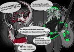  annoyed anthro argument beanie black_clothing black_jacket black_topwear bottomwear breasts clothed clothed_anthro clothed_female clothing detailed_background dialogue dinosaur dromaeosaurid duo english_text eyewear female fingers front_view frown glasses gothgator0 green_body green_hair grey_bottomwear grey_clothing grey_hair grey_hoodie grey_legwear grey_pants grey_thigh_highs grey_topwear gun hair hat headgear headwear hi_res holding_gun holding_object holding_ranged_weapon holding_weapon hoodie humanoid_hands jacket kasey_(gothgator0) legwear long_hair markings medium_breasts microraptor miniskirt non-mammal_breasts ornithischian pants prehistoric_species ranged_weapon red_body red_bottomwear red_clothing red_hair red_skirt reptile restricted_palette round_glasses saurischian scalie skirt speech_bubble spiked_tail spikes spikes_(anatomy) standing stegosaurian stegosaurus striped_markings stripes sunglasses tail talking_to_another text theropod thigh_highs thyreophoran topwear weapon 