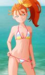  1girl bikini bikini_tan breasts fuchi_(nightmare) green_eyes hair_ribbon highres jewelry long_hair looking_at_viewer micro_bikini multicolored multicolored_bikini multicolored_clothes natsuumi_manatsu navel ocean precure ribbon side-tie_bikini side_ponytail sky small_breasts smile solo standing striped striped_bikini swimsuit tan tanlines teeth tropical-rouge!_precure untied untied_bikini upper_teeth yellow_ribbon 