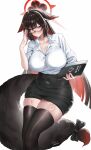  1girl absurdres adjusting_eyewear animal_ear_fluff animal_ears black_hair black_skirt black_thighhighs blue_archive breasts cleavage colored_inner_hair commentary_request eyeshadow fox_ears fox_girl fox_tail halo highres large_breasts looking_at_viewer makeup multicolored_hair office_lady pencil_skirt red_eyeshadow red_hair red_halo shangdi_de_fa_zhang shirt simple_background skirt solo tail thighhighs wakamo_(blue_archive) white_background white_shirt yellow_eyes 