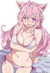  1girl absurdres animal_ears antenna_hair arm_support arm_under_breasts bare_shoulders bed_sheet bikini blush braid braided_bun breasts collarbone commentary_request crown_braid fang fingernails groin hair_bun hair_ornament hair_ribbon hakui_koyori highres hololive irodori_drawpic large_breasts long_hair looking_at_viewer nail_polish navel open_mouth pink_hair pink_nails pink_trim purple_eyes red_ribbon ribbon side-tie_bikini_bottom skin_fang solo stomach swimsuit tearing_up thighs virtual_youtuber white_background white_bikini wolf_ears wolf_girl 