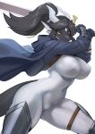  1girl absurdres arm_armor armor ass black_hair black_skin blue_cloak blue_gloves bodysuit breasts chest_harness chinese_commentary cloak colored_skin commentary commentary_request covered_navel covered_nipples diamond_(shape) diamond_facial_mark dragon_girl dragon_horns dragon_tail facial_mark fighting_stance from_side furry furry_female gloves greatsword harness high_ponytail highres holding holding_sword holding_weapon hood hood_down hooded_cloak horns impossible_bodysuit impossible_clothes knee_pads large_breasts leg_armor long_hair multicolored_skin original parted_bangs pointy_ears ponytail sidelocks simple_background skin_tight snout solo sword tail thick_thighs thigh_strap thighs treyer two-tone_skin weapon white_background white_bodysuit white_horns white_skin wide_hips yellow_eyes 