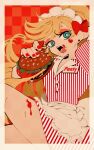  1girl apron aqua_eyes arm_behind_head blonde_hair bow burger buttons earrings food frilled_apron frilled_headwear frills hair_between_eyes highres holding holding_burger holding_food jewelry ketchup looking_at_viewer name_tag open_mouth panty_&amp;_stocking_with_garterbelt panty_(psg) ponytail red_background red_bow red_nails shirt skirt solo striped_clothes striped_shirt striped_skirt tomato_sauce ueki8sousaku vertical-striped_clothes vertical-striped_shirt vertical-striped_skirt vintage_clothes waitress white_apron 