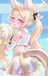  1girl absurdres animal_ears bare_shoulders bird blonde_hair blue_archive blue_necktie blush cheerleader choker commentary_request crop_top elbow_gloves extra_ears fox_ears fox_tail gloves halo highres holding holding_pom_poms klash leg_up long_hair looking_at_viewer looking_back multicolored_skirt necktie open_mouth pleated_skirt pom_pom_(cheerleading) purple_eyes sailor_collar seia_(blue_archive) shirt shoes skirt smile solo tail thick_thighs thighhighs thighs twintails white_gloves white_sailor_collar white_shirt white_skirt white_thighhighs yellow_halo yellow_skirt 