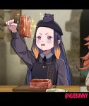  2girls absurdres arm_up artist_name beret black_hat blurry blurry_background cheese commentary cutting_board english_commentary food gradient_hair hat highres holding holding_food holding_knife hololive hololive_english indoors knife letterboxed long_hair meat multicolored_hair multiple_girls ninomae_ina'nis ninomae_ina'nis_(casual) nuebunny official_alternate_costume open_mouth orange_hair out_of_frame parody pinstripe_pattern pinstripe_shirt pointy_ears purple_hair saliva saliva_trail scene_reference shirt sidelocks sitting solo_focus sparkle table takanashi_kiara takodachi_(ninomae_ina'nis) tentacle_hair tongari_boushi_no_atelier twitter_username upper_body virtual_youtuber 