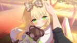  1boy 1girl artist_request black_shirt blonde_hair blush bow brown_bow closed_mouth commander_(girls_garden) evening game_asset green_eyes green_jacket hair_bow hand_on_another's_head headpat holding holding_stuffed_toy jacket light_smile long_hair looking_at_viewer lydia_eldridge multicolored_jacket muv-luv muv-luv_girls_garden official_art outdoors plaid_bow pov pov_hands shirt stuffed_animal stuffed_toy teddy_bear third-party_source tree white_jacket 