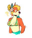  2021 accessory animal_crossing anthro aqua_bikini aqua_swimsuit audie_(animal_crossing) blonde_hair breasts cheek_tuft clothing facial_tuft female flower flower_in_hair fluffy food_print fruit_print fur guide_lines hair hair_accessory implied_public_indecency looking_away nintendo nipple_slip nipples peachy_bat pineapple_print plant plant_print question_mark simple_background solo suggestive tuft wardrobe_malfunction white_background 