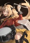  1girl absurdres bangs belt black_bow black_footwear black_legwear black_skirt boots bow drum drumsticks eyebrows_visible_through_hair girls&#039;_frontline hair_bow highres holding holding_drumsticks holding_instrument instrument jacket light_brown_hair long_hair looking_at_viewer marching_band open_mouth red_eyes red_jacket rui_(rei_leyi) scar scar_across_eye simple_background skirt smile solo standing standing_on_one_leg thighhighs twintails ump9_(girls&#039;_frontline) uniform weapon_case 