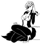  2026 accessory anthro bikini black_and_white clothing ear_piercing ear_ring female flower flower_in_hair fluffy fluffy_tail footwear fur hair hair_accessory half-closed_eyes hi_res high_heels kelly_o'dor mammal mephitid midriff monochrome narrowed_eyes navel piercing plant ring_piercing shoes skunk solo swimwear tail tegerio two-piece_swimsuit whiskers zandar's_saga 
