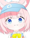  1girl :3 animal_ear_fluff animal_ears blue_archive blue_eyes blue_halo bow bowtie chibi commentary_request fox_girl halo highres hike810 mutsuki_face_(blue_archive) niko_(blue_archive) official_alternate_costume pink_hair short_hair visor_cap white_background yellow_bow yellow_bowtie 