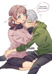  2girls :d absurdres arms_around_another's_back artist_name averting_eyes black_pants black_shirt black_skirt black_socks blue_eyes blush bow brown_hair closed_mouth commentary embarrassed english_commentary english_text flying_sweatdrops green_eyes green_sweater grey_hair hair_bow hair_intakes hands_on_another's_head hands_up heads_together highres hinomori_shiho hood hood_down hooded_sweater hug layered_sleeves long_sleeves looking_at_another medium_hair mochizuki_honami multiple_girls open_mouth pants parted_bangs pink_sweater project_sekai rakatzki seiza shirt short_hair side_ponytail sideways_glance simple_background sitting skirt sleeves_pushed_up smile socks speech_bubble sweater twitter_username white_background white_bow yuri 