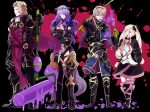  2boys 2girls armor armored_boots black_armor black_background black_bow black_dress blonde_hair boots bow camilla_(fire_emblem) collared_capelet commentary_request dress elise_(fire_emblem) fire_emblem fire_emblem_fates full_body gold_trim hair_bow holding_paint_roller leo_(fire_emblem_fates) long_hair multiple_boys multiple_girls mystical_high_collar open_mouth paint paint_roller purple_eyes purple_hair rem_(eyes_410) short_hair siblings standing twintails xander_(fire_emblem) 