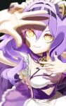  1girl apron breasts commentary_request dress hairband highres honkai_(series) honkai_impact_3rd long_hair maid maid_apron mittanillust purple_dress purple_hair purple_hairband purple_nails sirin sirin_(miracle_magical_girl) small_breasts solo very_long_hair white_apron yellow_eyes 