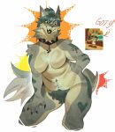  4_fingers anthro arm_tattoo arm_tuft belly big_breasts black_collar breasts canid canine canis cheek_tuft claws collar collar_only collar_tag countershade_belly countershade_breasts countershade_face countershade_legs countershade_neck countershade_torso countershading cross cross_piercing ear_piercing evil_grin eyebrows eyewear facial_tuft fangs featureless_breasts female female/female_symbol female_anthro female_symbol finger_claws fingers fluffy fluffy_tail fur gender_symbol glasses grey_body grey_fur gums hair hair_bun hand_on_hip hand_on_leg hand_on_thigh heart_(marking) helix_piercing hi_res inner_ear_fluff kanapka_(wisgoat) long_tail love_handles mammal markings mostly_nude_female navel navel_piercing neck_tuft nude open_mouth open_smile overweight overweight_anthro overweight_female piercing pinup portrait pose pubes pupils reference_image round_glasses screencap sexuality_symbol shaded shoulder_tuft simple_background slit_pupils smile snout soft_shading solo stripes symbol tail tan_belly tan_breasts tattoo teal_hair teal_pubes teal_stripes teeth thick_eyebrows thick_thighs three-quarter_portrait tuft webfishing white_background wide_hips wolf wolfertinger yellow_eyes yellow_sclera yellow_teeth 
