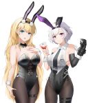  2girls :d alcohol animal_ears arm_strap azur_lane bangs bare_shoulders black_gloves black_hairband black_legwear black_leotard black_neckwear blonde_hair blue_eyes blush bow bowtie breasts cleavage closed_mouth clothing_cutout collarbone collared_shirt commentary covered_navel cowboy_shot crop_top cup detached_collar drinking_glass earrings elbow_gloves eyebrows_visible_through_hair fake_animal_ears gloves grey_hair hair_between_eyes hairband hand_on_own_chest highres holding holding_cup id_card jewelry large_breasts leotard leotard_under_clothes long_hair looking_at_viewer low_ponytail metal_gloves multiple_girls navel_cutout neck_ribbon necktie north_carolina_(azur_lane) north_carolina_(the_heart&#039;s_desire)_(azur_lane) official_alternate_costume open_mouth pantyhose parted_hair playboy_bunny purple_eyes qing_wu rabbit_ears reno_(azur_lane) reno_(reno_bunnino)_(azur_lane) ribbon see-through_shirt shirt side-tie_leotard sideboob sidelocks simple_background single_elbow_glove skindentation sleeveless sleeveless_shirt smile standing strapless strapless_leotard stud_earrings thigh_strap upper_teeth w_arms white_background white_neckwear wine wine_glass wrist_cuffs 