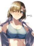 1girl brown_eyes brown_hair commentary_request frown half_updo midriff one_eye_closed open_clothes open_shirt original solo somechime_(sometime1209) sports_bra twitter_username upper_body 