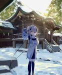  1girl black_thighhighs breath cevio commentary_request day feet_out_of_frame fur-trimmed_sleeves fur_trim grey_hair hair_ornament highres hood hood_down hooded_jacket jacket kafu_(cevio) kamitsubaki_studio long_sleeves looking_at_viewer mittens outdoors own_hands_together parted_lips poono puffy_long_sleeves puffy_sleeves purple_eyes revision shrine snow solo stairs standing sunlight thighhighs white_jacket white_mittens 