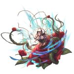  1girl breasts brown_hair cleavage dagger flower full_body gloves granblue_fantasy hair_flower hair_ornament holding holding_dagger holding_weapon knife leaf long_hair looking_at_viewer magic_circle minaba_hideo official_art petals rose rosetta_(granblue_fantasy) solo thighhighs thorns transparent_background very_long_hair weapon 