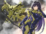  1girl armored_bodysuit black_hair bodysuit breasts chin_guard commentary_request covered_groin covered_navel cowboy_shot double-parted_bangs floating_hair fortified_suit fortified_suit_(imperial_royal_guard) hair_between_eyes hair_intakes highres holding holding_sword holding_weapon impossible_bodysuit impossible_clothes kawasemi_alter large_breasts long_hair looking_at_viewer mecha mecha_pilot_suit muv-luv muv-luv_alternative muv-luv_total_eclipse purple_eyes robot shoulder_pads skin_tight solo sword tactical_surface_fighter takamura_yui type_00_takemikazuchi upper_body very_long_hair weapon 