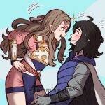  1boy 1girl ahoge arm_guards armor black_hair blue_background brown_eyes closed_mouth commission fire_emblem fire_emblem_fates gzei hana_(fire_emblem) hands_on_own_hips headband highres japanese_clothes long_hair looking_at_another original pelvic_curtain white_armor white_headband 