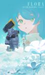  1boy 1girl absurdres bare_shoulders blue_background blue_hair braid braided_ponytail character_name clothing_cutout commentary_request crying dress elbow_gloves field flower flower_field gloves green_eyes highres joints kamisa_(8381272) long_hair mecha open_mouth projected_inset robot robot_joints seed_(zenless_zone_zero) seed_sr. standing thigh_cutout white_dress white_gloves zenless_zone_zero 