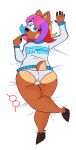  absurd_res anthro bedding bedding_background belly black_nose blonde_hair blue_eyes blue_hair bottomwear brown_body brown_fur bulge butt clothed clothing deer digital_drawing_(artwork) digital_media_(artwork) english_description eyewear fur glasses gynomorph hair hi_res hooved_toes hooves humanoid_hands inner_ear_fluff intersex jacket joantoonz looking_at_viewer mammal medium_hair melody_nosurname multicolored_hair open_clothing open_jacket open_mouth open_topwear panties pantsless pattern_bottomwear pattern_clothing pattern_panties pattern_underwear pink_hair purple_hair red_eyewear red_glasses red_hair round_glasses short_tail solo tail tan_body tan_fur tan_inner_ear_fluff text text_on_clothing text_on_jacket text_on_topwear topwear trans_(lore) trans_woman_(lore) tuft underwear white_clothing white_panties white_underwear 