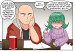  1boy 1girl :o anger_vein angry arm_support artist_name bald blush can clenched_teeth commentary deviantart_username dice drink_can english_commentary english_text gradient_background green_hair grey_background grey_hoodie highres hood hood_down hoodie leaning_on_table long_sleeves narrowed_eyes nico-neko one-punch_man paper playing_games playing_tabletop_game purple_sweater red_hoodie saitama_(one-punch_man) scowl sideways_glance sleeves_past_wrists soda_can speech_bubble sweatdrop sweater talking tatsumaki teeth twitter_logo twitter_username two-tone_hoodie upper_body 