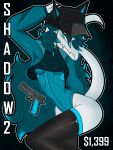  3:4 abstract_background absurd_res anthro black_clothing black_legwear black_thigh_highs blue_clothing blue_eyes blue_hair blush bodysuit breasts clothing colored female front_view gothgator0 grey_body gun hair halter_top handgun head_turned hi_res legwear long_hair looking_at_viewer medium_breasts non-mammal_breasts pinup pistol portrait pose raised_arm ranged_weapon scalie seductive shaded side_butt skinsuit solo species_request tail thigh_highs three-quarter_portrait tight_clothing under_boob weapon 