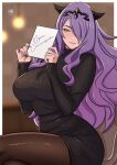  1girl alternate_costume artist_logo black_pantyhose black_sweater black_tiara blurry blurry_background border breasts bright_pupils camilla_(fire_emblem) ceiling_light chair closed_mouth colored_sclera commentary crossed_legs demon_horns english_commentary english_text fire_emblem fire_emblem_fates gradient_hair hair_over_one_eye hands_up highres holding holding_paper horns ihsnet indoors large_breasts logo long_hair long_sleeves looking_at_viewer multicolored_hair nail_polish on_chair one_eye_covered outside_border pantyhose paper parted_bangs pink_lips purple_hair purple_nails purple_sclera ribbed_sweater sitting smile solo sweater thighs tiara turtleneck turtleneck_sweater upper_body very_long_hair wavy_hair white_border white_pupils 