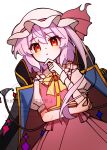  1girl adapted_costume alternate_hair_color black_coat bow bowtie closed_mouth coat coat_on_shoulders collared_shirt commentary_request crystal crystal_wings flandre_scarlet flandre_scarlet_(vampire_pursuing_the_hunter) frilled_shirt_collar frills hat hat_ribbon highres illust_atelier3 long_hair looking_at_viewer mob_cap multicolored_wings one-hour_drawing_challenge one_side_up puffy_short_sleeves puffy_sleeves purple_hair red_eyes red_skirt red_vest ribbon shirt short_sleeves signature simple_background skirt solo touhou touhou_lostword vest watermark white_background white_hat white_shirt wings yellow_bow yellow_bowtie 
