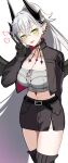  1girl absurdres black_boots black_skirt boots breasts chest_tattoo commentary_request cropped demon_horns green_eyes highres horns large_breasts lilith_(fate) lilith_(over_the_same_sky)_(fate) long_hair looking_at_viewer midriff neck_tattoo pencil_skirt ponytail skirt solo tattoo yuzu_sanma 