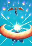  absurdres blue_feathers commentary_request dragon dragon_type_theme_(pokemon) feathers fluffy flying garchomp highres mega_evolution mega_garchomp_z mega_pokemon mega_salamence natto_cha_han pokemon pokemon_(creature) pokemon_focus pokemon_legends:_z-a pokemon_omega_ruby_and_alpha_sapphire salamence spikes white_feathers 