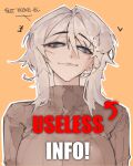  1girl blue_eyes blush_stickers breasts brown_sweater commentary corrupted_twitter_file english_commentary english_text faust_(project_moon) heart heart-shaped_pupils highres limbus_company looking_at_viewer medium_breasts medium_hair meme notaxuaxi orange_background outline portrait project_moon raised_inner_eyebrows simple_background smile solo sweater symbol-shaped_pupils tongue tongue_out turtleneck turtleneck_sweater useless_info_(meme) white_hair white_outline 