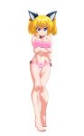  1girl animal_ears anime_coloring arms_under_breasts barefoot blonde_hair blue_eyes bra breasts cat_ears choker closed_mouth extra_ears fake_animal_ears full_body game_asset hair_ribbon hand_on_own_arm highres katase_miki large_breasts large_variant_set mahotama maki_daikichi official_art panties pink_bra pink_panties raised_inner_eyebrows ribbon side-tie_panties simple_background solo standing tachi-e third-party_source transparent_background tsurime twintails underwear variant_set 