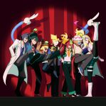  3boys 4girls absurdres aged_up alain_(pokemon) ash_ketchum belt black_gloves black_hair blonde_hair bonnie_(pokemon) boots brown_hair clemont_(pokemon) curtains dedenne fedora glasses gloves green_belt grin hand_in_pocket hat high_kick highres jacket jcstr jumping kicking korrina_(pokemon) lab_coat leg_up mairin_(pokemon) mechanical_arms mega_stone multiple_boys multiple_girls opaque_glasses pokemon pokemon_(anime) pokemon_(creature) pokemon_legends:_z-a ponytail red_hair serena_(pokemon) smile stage_curtains sugar_song_and_bitter_step sunglasses zygarde zygarde_cell 