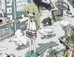  1girl bear_trap bird black_cat blush_stickers cat circle crocs dandelion flower full_body goose green_eyes green_hair jacket jitome lizard naaaaaaaa open_hand original outdoors puddle solo traffic_cone vending_machine x_(symbol) 