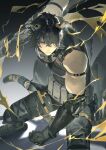  1boy animal_ears arknights armlet black_hair black_vest broca_(arknights) commentary dark_background dynamic_pose fighting_stance gloves goggles goggles_around_neck highres holding holding_weapon hood hoodie infection_monitor_(arknights) jewelry male_focus muscular muscular_male pectorals roberako sidepec sleeveless sleeveless_hoodie tail tail_ornament tail_ring tiger_boy tiger_ears tiger_tail vest weapon yellow_eyes 