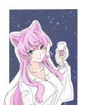  1girl border breasts casual closed_mouth collarbone commentary_request crossed_bangs cup double-parted_bangs drinking_glass flat_color glass green_eyes hair_between_eyes hair_ears highres holding holding_cup large_breasts long_hair long_sleeves looking_at_viewer maria_cadenzavna_eve outline outside_border pink_hair senki_zesshou_symphogear shirt smile solo underblade41o upper_body wavy_sidelocks white_border white_outline white_shirt wine_glass 