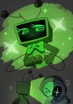  >_< 1boy 1girl :/ ? astro_(dandy's_world) black_hat blush border bow bowtie closed_mouth crescent dandy's_world fewer_digits flat_chest flying_sweatdrops fur-trimmed_headwear fur_trim green_background green_bow green_bowtie green_eyes grey_border hand_on_own_hip hat highres holding holding_microphone k2s2kv looking_at_another microphone no_nose nose_blush object_head open_mouth outside_border pom_pom_(clothes) radio_antenna roblox round_border screen_light simple_background single_eyebrow sparkle sweat television traditional_bowtie upper_body vee_(dandy's_world) wizard_hat 
