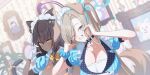  2girls animal_ears asuna_(blue_archive) black_hair blonde_hair blue_archive blue_eyes blue_halo blue_scrunchie blue_shirt breasts cat_ears cat_tail cleavage commentary_request dark-skinned_female dark_skin dog_ears dog_tail fake_animal_ears fake_tail gloves grin hair_over_one_eye halo highres kaerunrun karin_(blue_archive) large_breasts long_hair maid_headdress mole mole_on_breast multiple_girls purple_halo scrunchie shirt smile tail white_gloves yellow_eyes 