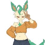  2026 :3 anthro bottomwear breasts brown_eyes clothing digital_drawing_(artwork) digital_media_(artwork) eeveelution female female_anthro fur generation_4_pokemon gesture gloves_(marking) green_body green_fur hand_gesture hand_on_hip head_tuft hi_res leaf leaf_hair leaf_tail leafeon looking_away markings midriff multicolored_body multicolored_fur mun_rue navel nintendo pants plant plant_hair pokemon pokemon_(species) pokemorph pseudo_hair small_breasts small_waist solo sweatpants tail tan_body tan_fur tuft v_sign 