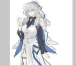  1girl black_shirt breasts closed_mouth commentary_request cowboy_shot cup disposable_coffee_cup disposable_cup genderswap genderswap_(mtf) grey_hair hair_over_one_eye hair_ribbon holding holding_cup honkai:_star_rail honkai_(series) jacket jacket_on_shoulders jing_yuan jing_yuan_(chapanda) kosmos5896 large_breasts long_hair long_sleeves looking_at_viewer official_alternate_costume ponytail ribbon shirt simple_background skirt smile solo thigh_strap vest white_background white_skirt white_vest yellow_eyes 