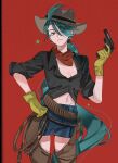  1girl boots bright_pupils brown_hat brown_vest commentary cowboy cowboy_boots cowboy_hat cowboy_western cowgirl_(western) earrings green_hair gun handgun hat highres jewelry leather leather_vest long_hair nanaasuzy piercing pokemon pokemon_scarlet_and_violet ponytail revolver rika_(pokemon) solo untranslatable_commentary very_long_hair vest weapon white_pupils 