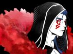  1boy black_background blue_hair closed_mouth commentary_request cu_chulainn_(fate) cu_chulainn_alter_(fate) expressionless facial_mark fate/grand_order fate_(series) from_side fur_scarf hood hood_up looking_at_viewer portrait red_eyes red_scarf scarf sideways_glance simple_background solo white_9660 