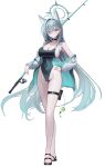  1girl absurdres animal_ear_fluff animal_ears black_one-piece_swimsuit blue_archive blue_eyes blush breasts choker commentary_request competition_swimsuit covered_navel cross_hair_ornament extra_ears fish_hook fishing_line fishing_lure fishing_rod grey_hair hair_between_eyes hair_ornament hair_over_one_eye halo hand_on_own_hip highleg highleg_one-piece_swimsuit highres holding holding_fishing_rod large_breasts long_hair looking_at_viewer nyo2_ng one-piece_swimsuit pouch shiroko_(blue_archive) shiroko_terror_(blue_archive) sideboob solo swimsuit thigh_pouch thigh_strap thighs very_long_hair wolf_ears wolf_girl 