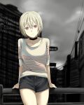  1girl @_@ black_shorts building choker collarbone expressionless highres original partially_colored platinum_blonde_hair railing red_eyes short_hair short_shorts shorts solo somechime_(sometime1209) 